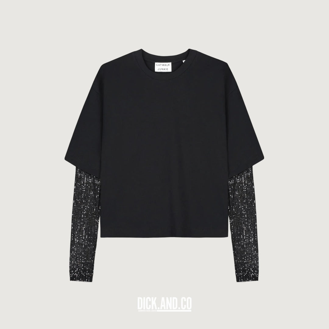 CATWALK JUNKIE Loose fit t-shirt with sequins sleeves in Black (zwart), vrijstaand vooraanzicht