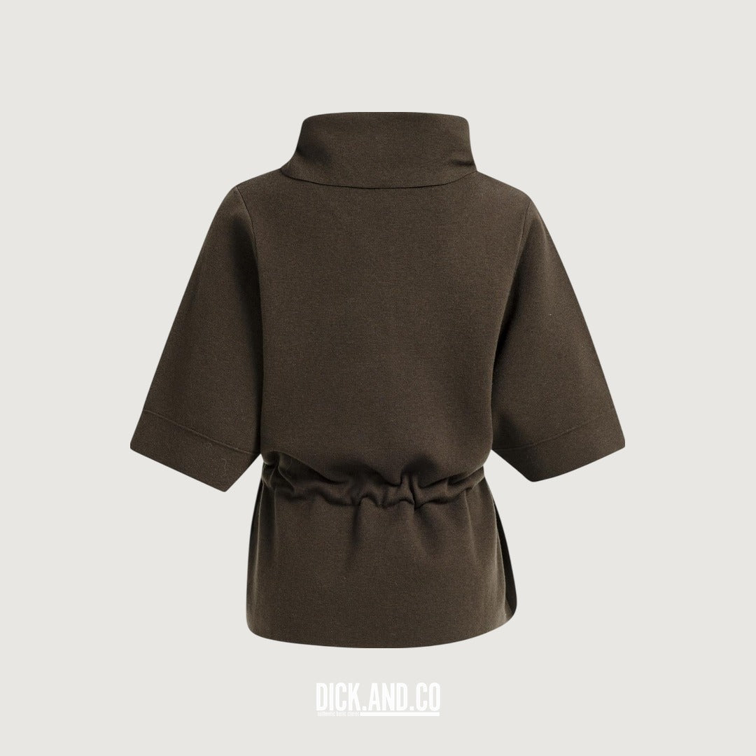 YAYA Sweater met hoge hals en strikceintuur in Bruin, vrijstaand achteraanzicht
