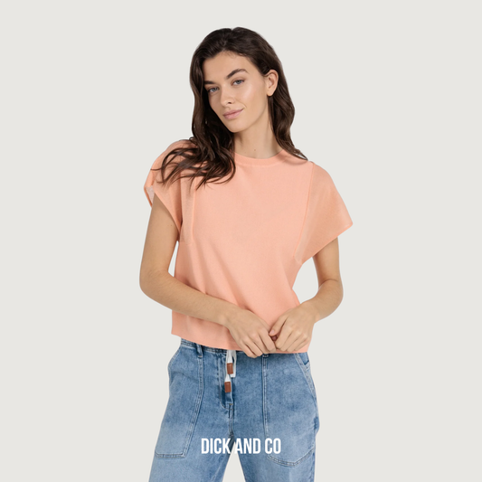 YAYA Top met transparante korte mouwen en ronde hals in de kleur oranje (peach palazzo orange)