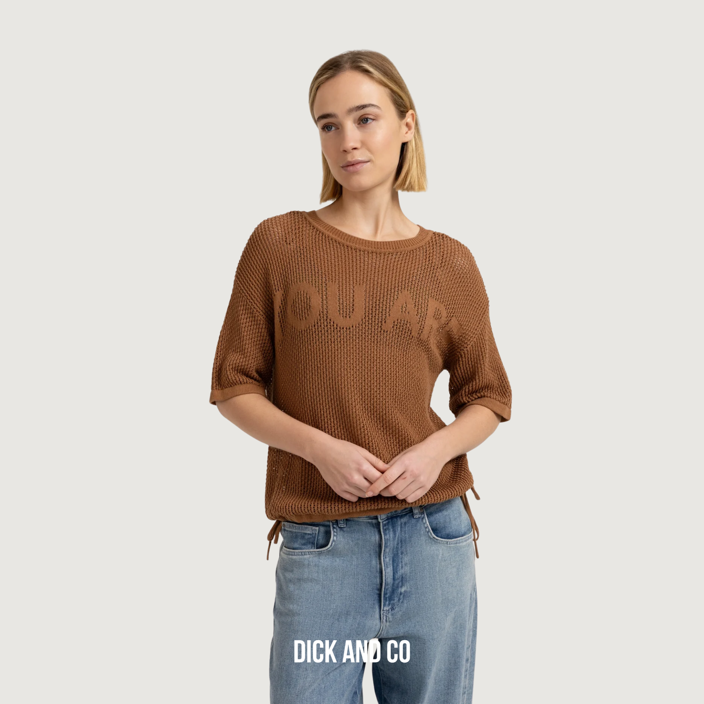 YAYA Opengebreide top met korte mouwen en artwork in de kleur bruin (foxtrot brown)