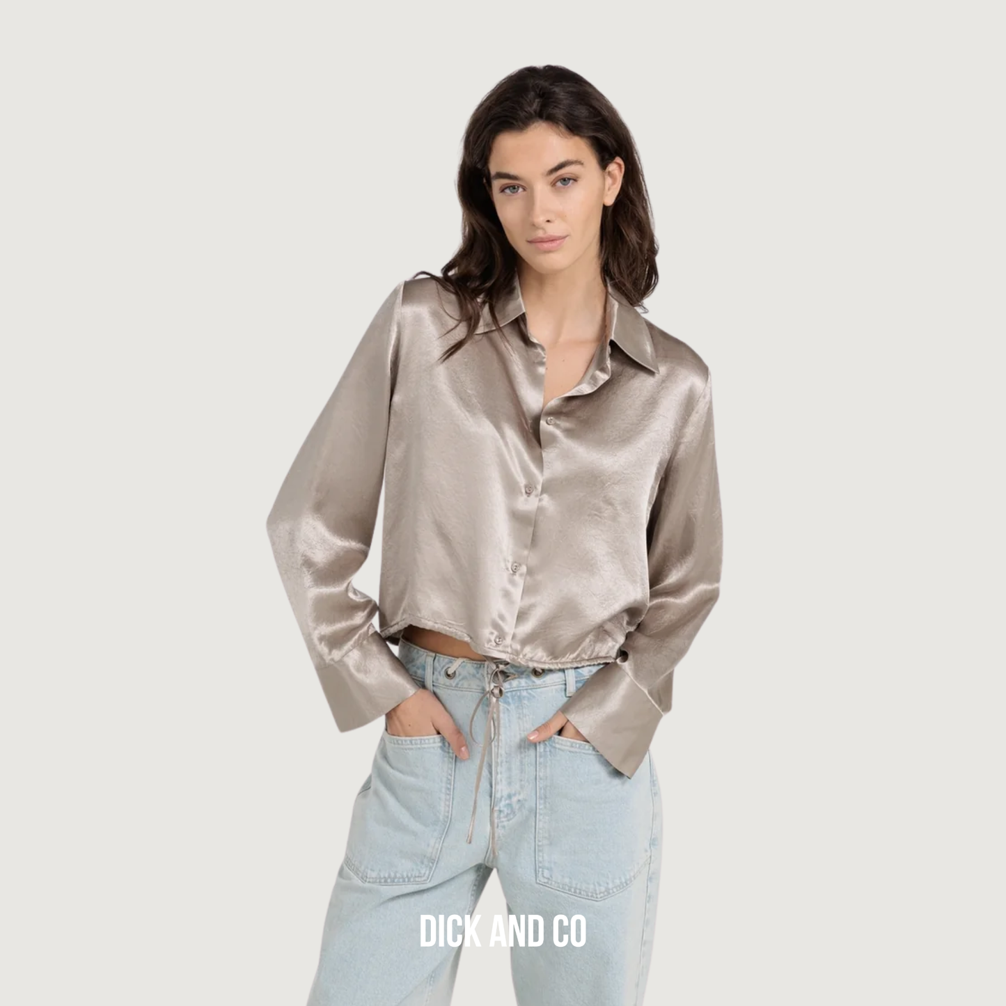 YAYA Satijnen blouse met trekkoordzoom in de kleur zilver (crockery brown)