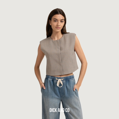 YAYA Geruit gilet met schoudervullingen in de kleur beige (beige dessin)
