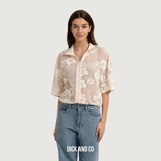 YAYA Crochet jasje met bloemen en korte mouwen in de kleur beige