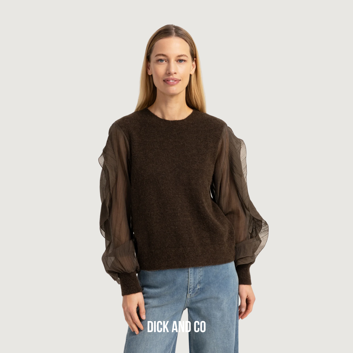 YAYA Gebreide trui met ruchesmouwen in de kleur groen (slate black brown)