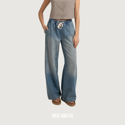 YAYA Denim broek met wijde pijpen en trekkoord in de kleur blauw (mid blue denim)