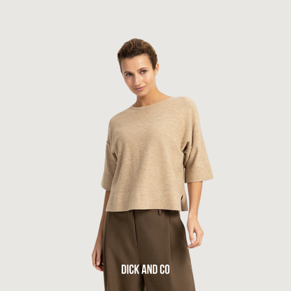 YAYA Fijngebreid oversized t-shirt met halflange mouwen in de kleur beige (beige melange)