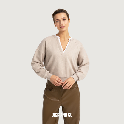 YAYA Sweater met V-hals en geweven kraag in de kleur beige (pure cashmere grey melange)