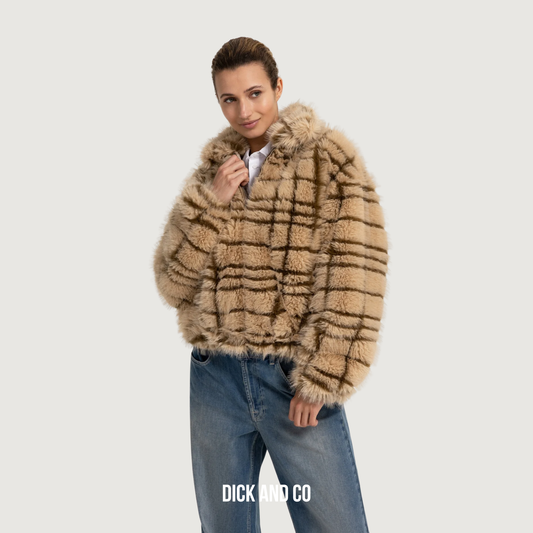 YAYA Jas van imitatiebont met kraag en ruitpatroon in de kleur beige (pure cashmere grey dessin)
