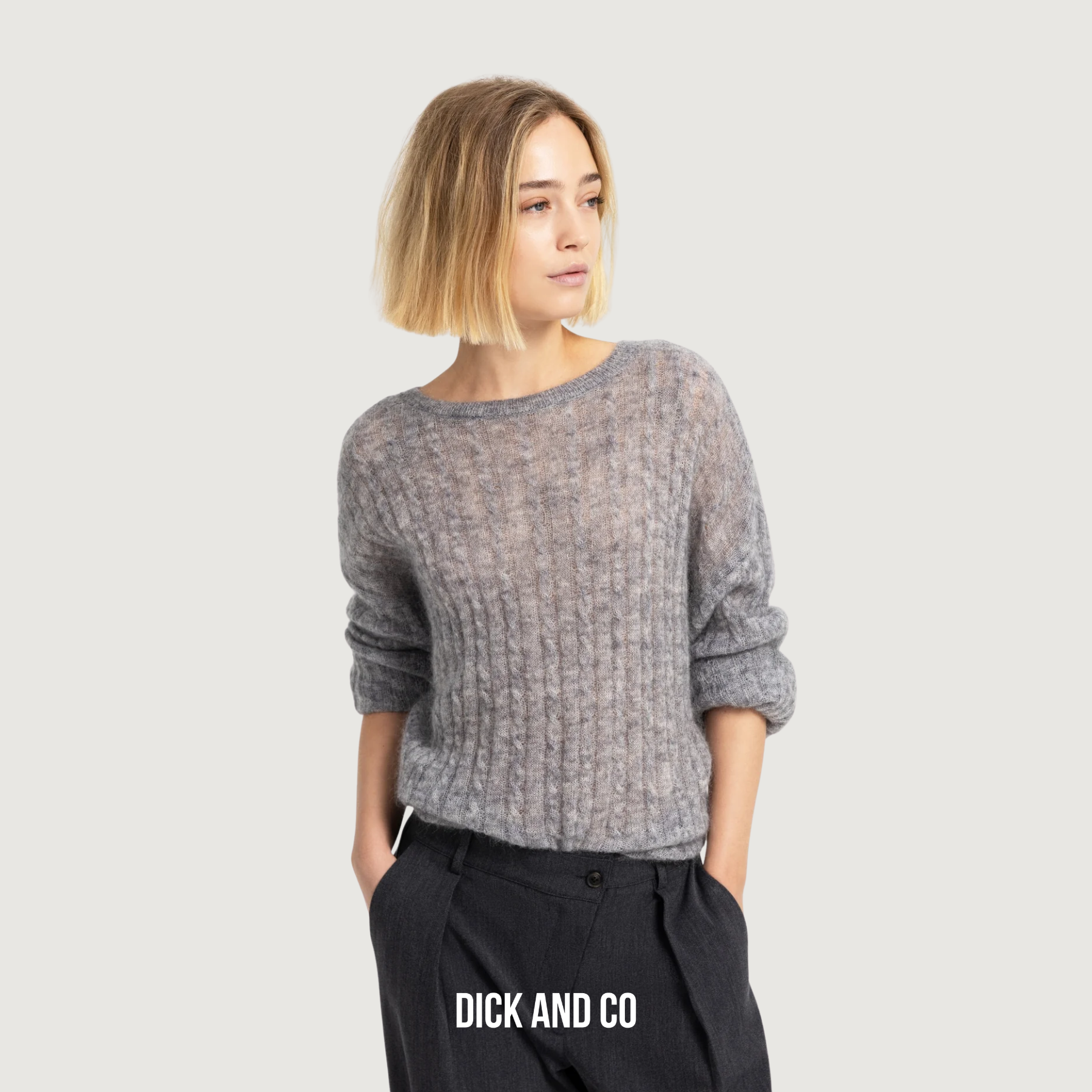 YAYA Oversized trui met kabelpatroon en boothals in de kleur grijs (medium grey melange)