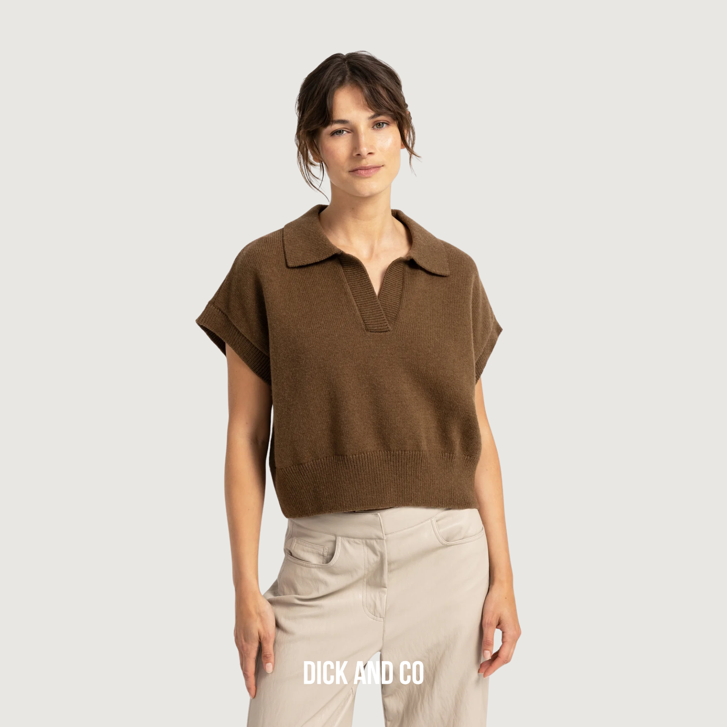 YAYA Gebreide spencer met kraag en korte mouwen in de kleur bruin (teak brown melange)