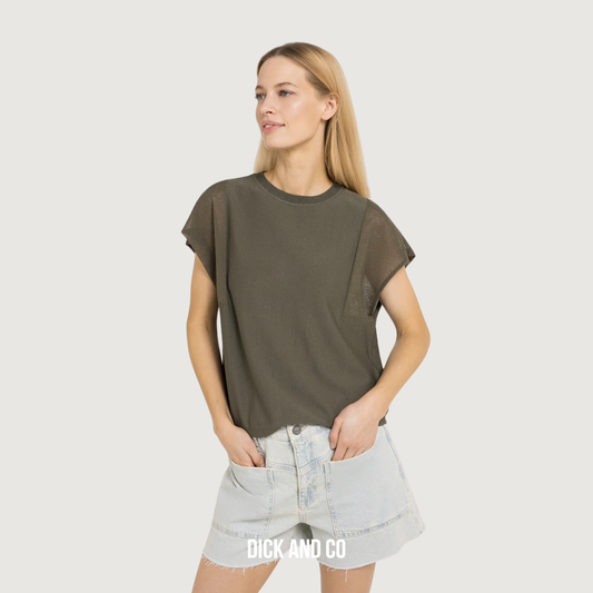 YAYA Top met transparante korte mouwen en ronde hals in de kleur groen (army green)