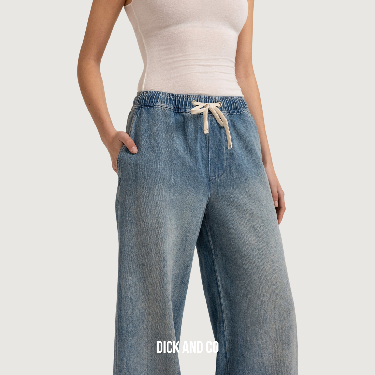 Denim broek met wijde pijpen en trekkoord
