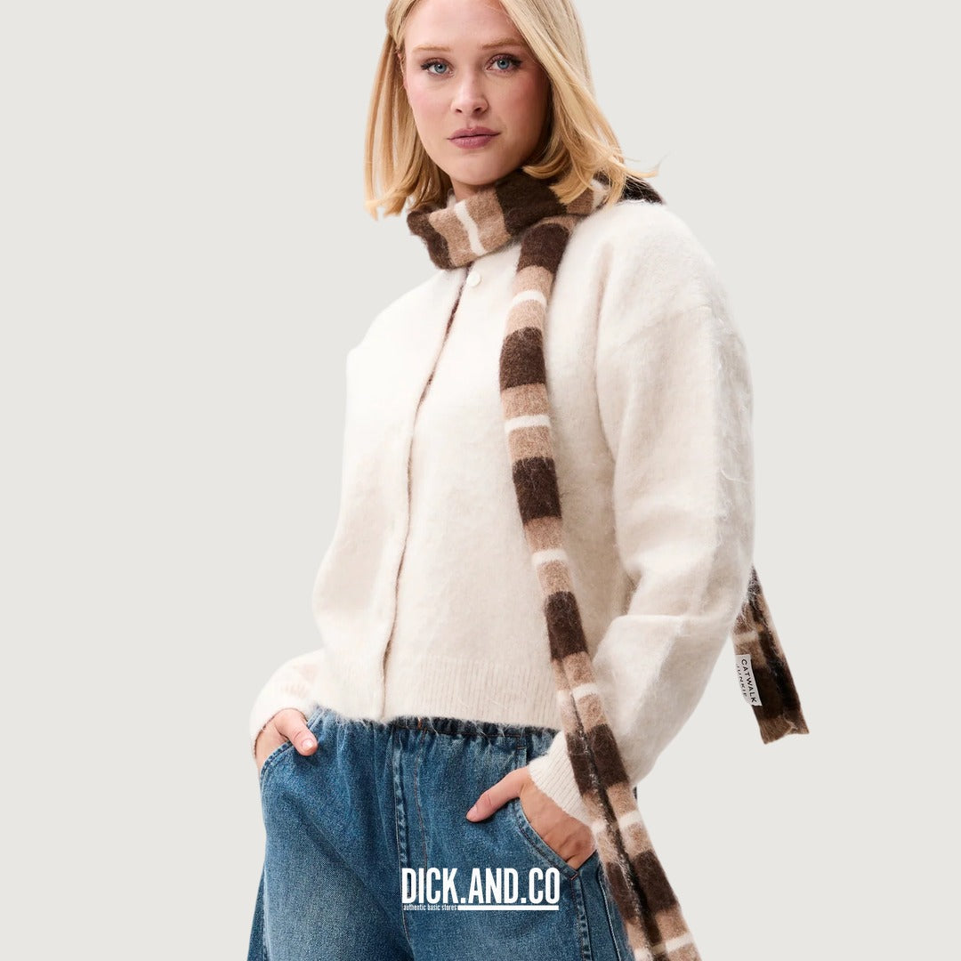 CATWALK JUNKIE Brushed striped sjaal in Bruin, gedragen door een model, vooraanzicht