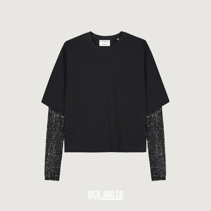CATWALK JUNKIE Loose fit t-shirt with sequins sleeves in Black (zwart), vrijstaand vooraanzicht