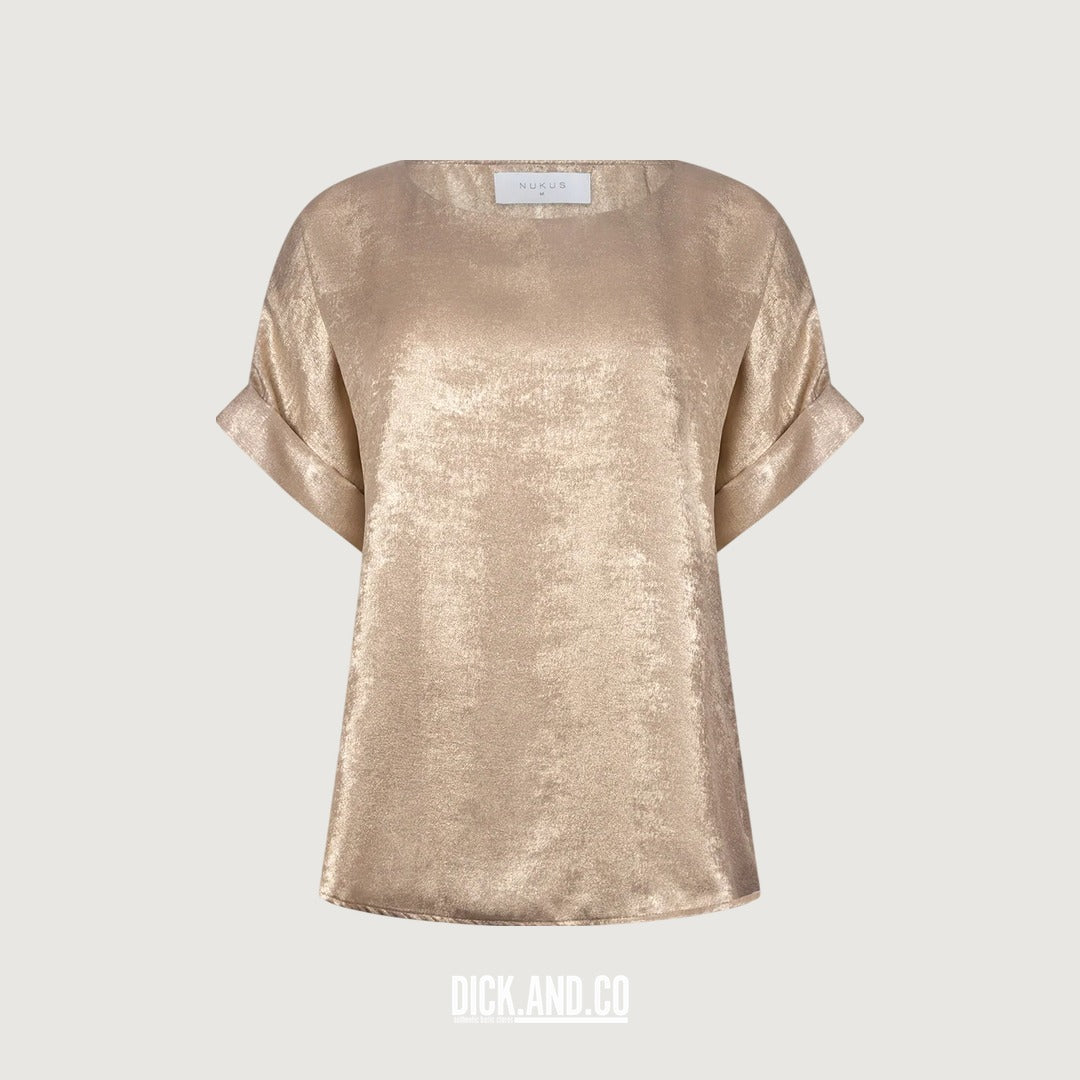 NUKUS Irene top Shiny in Gold (goud), vrijstaand vooraanzicht
