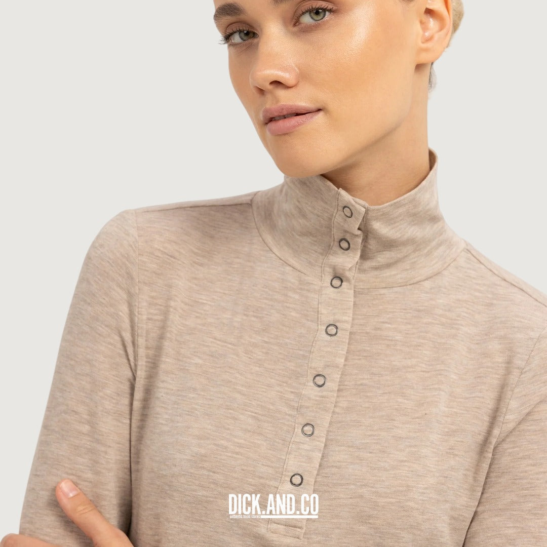 YAYA Aansluitende top met hoge hals en drukknopen in Beige, detailopname