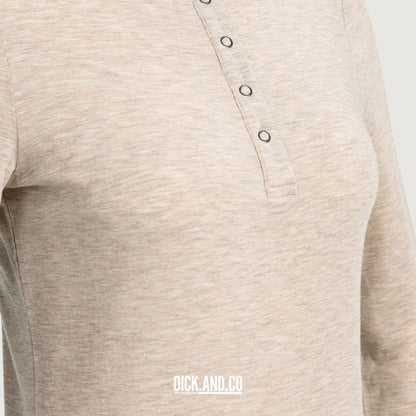 YAYA Aansluitende top met hoge hals en drukknopen in Beige, detailopname