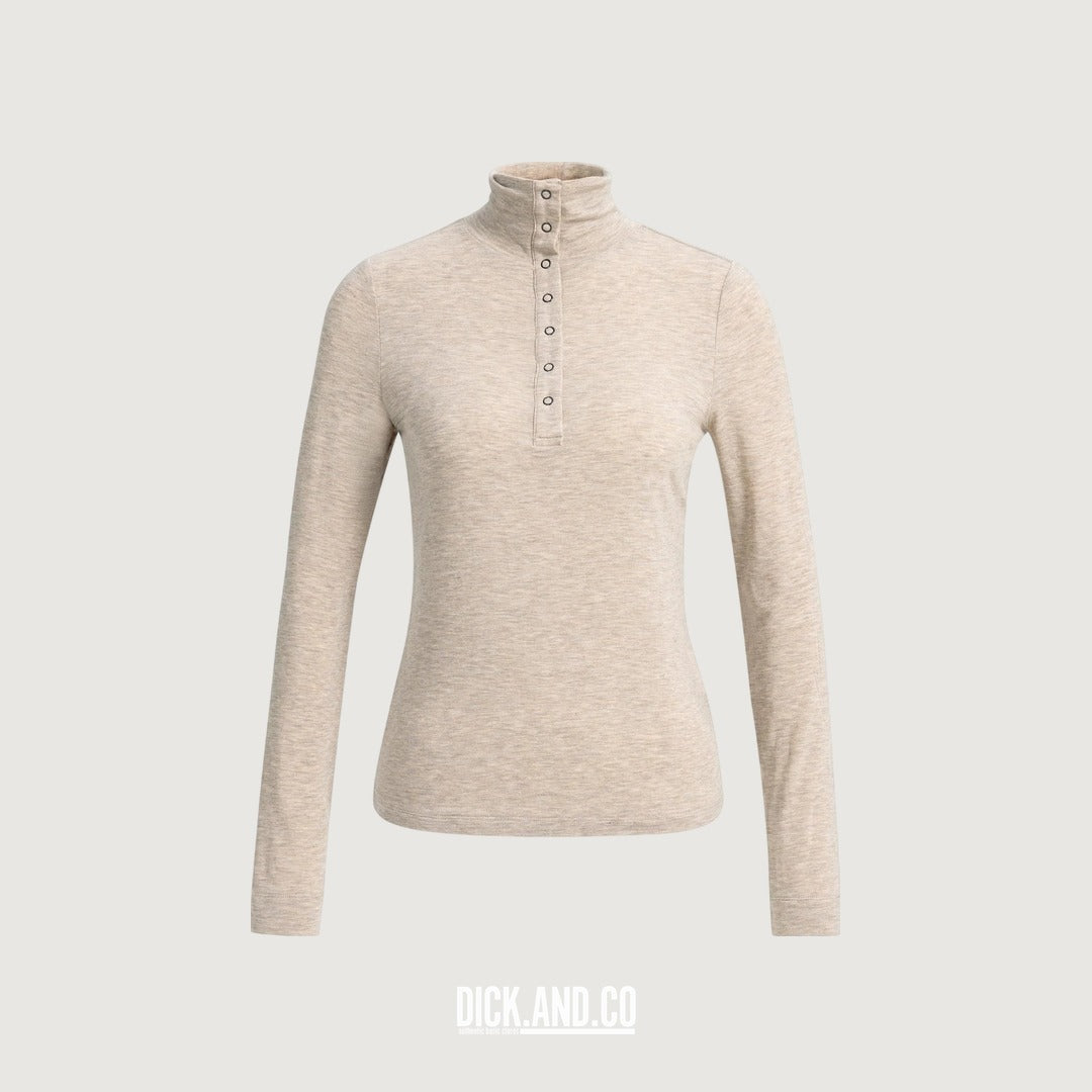 YAYA Aansluitende top met hoge hals en drukknopen in Beige, vrijstaand vooraanzicht