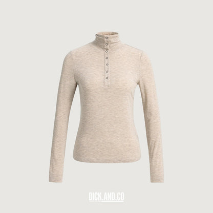 YAYA Aansluitende top met hoge hals en drukknopen in Beige, vrijstaand vooraanzicht