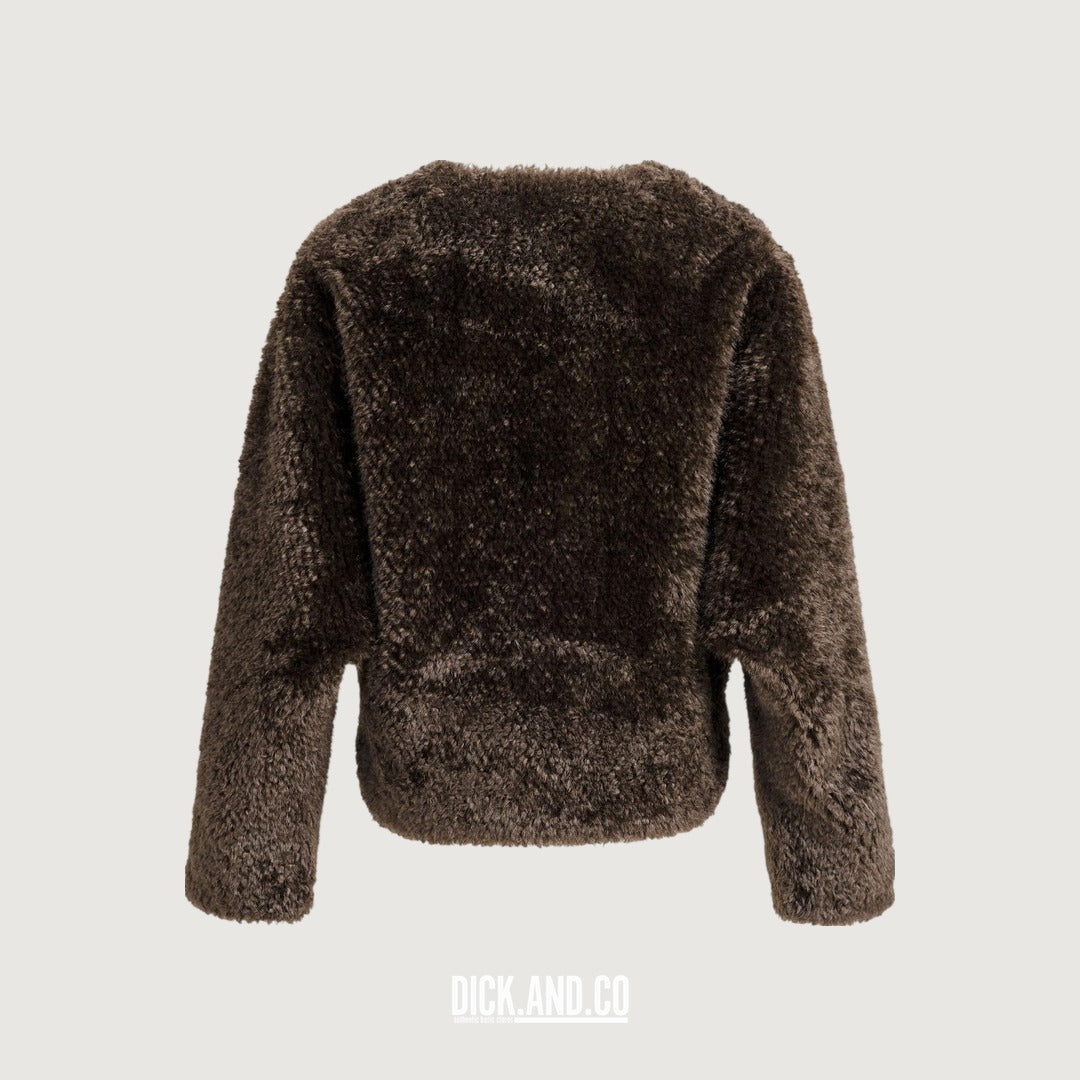 YAYA Oversized korte jas van imitatiebont met knopen in Bruin, vrijstaand achteraanzicht