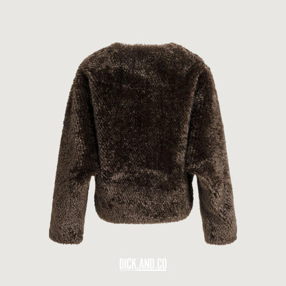 YAYA Oversized korte jas van imitatiebont met knopen in Bruin, vrijstaand achteraanzicht