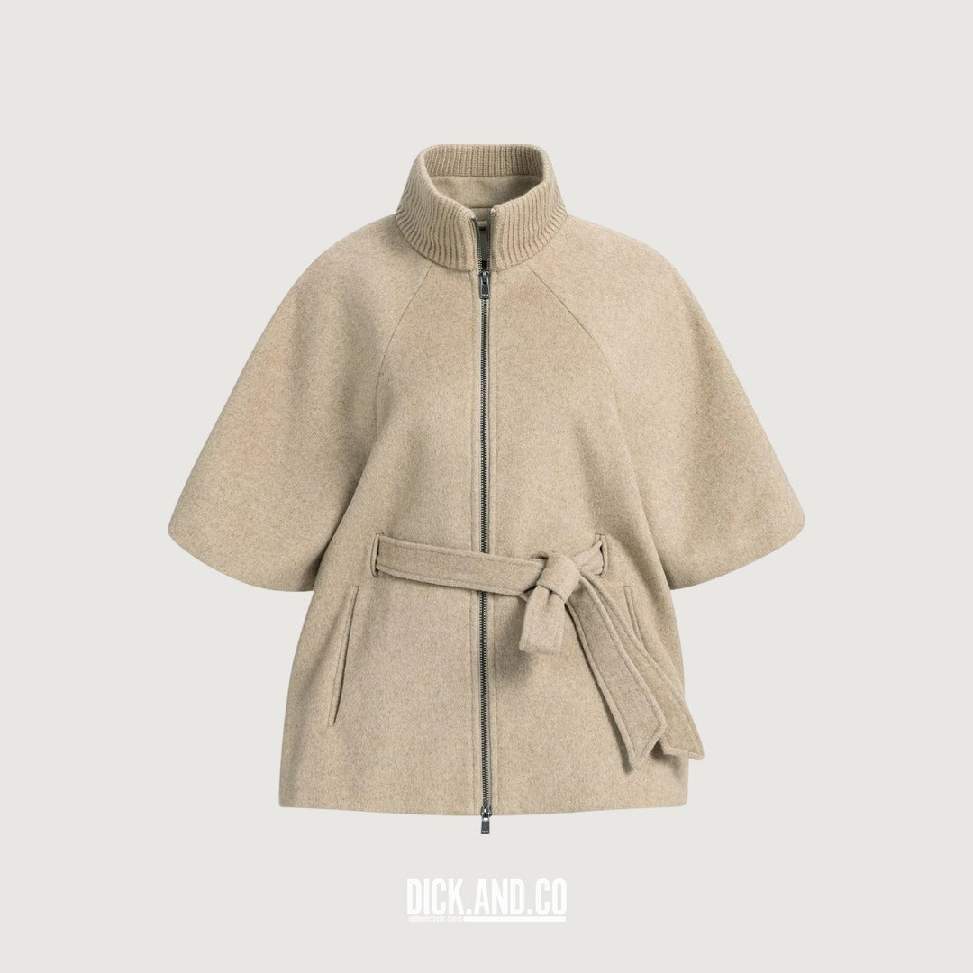YAYA Ponchojas met ribkraag en ceintuur in Beige, vrijstaand vooraanzicht
