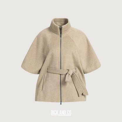 YAYA Ponchojas met ribkraag en ceintuur in Beige, vrijstaand vooraanzicht