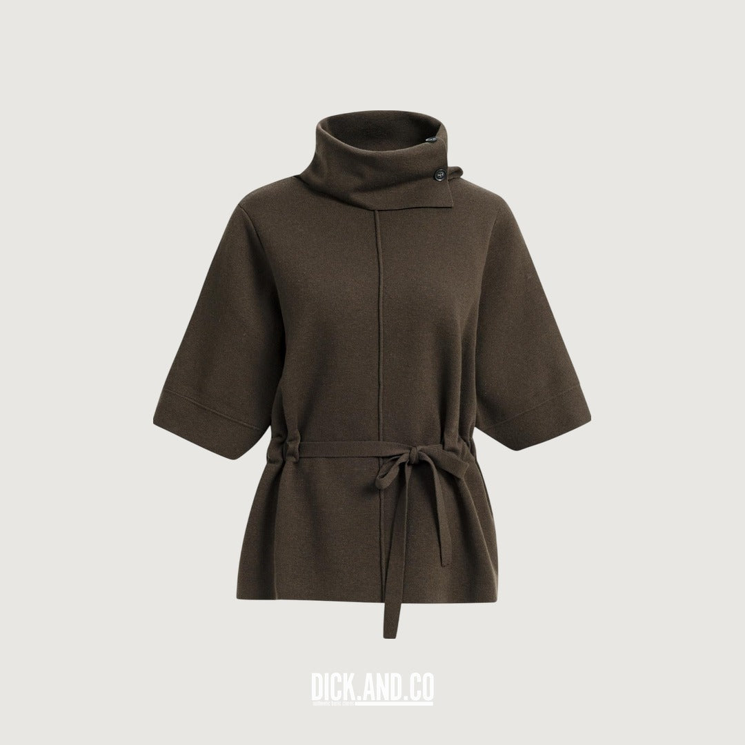 YAYA Sweater met hoge hals en strikceintuur in Bruin, vrijstaand vooraanzicht